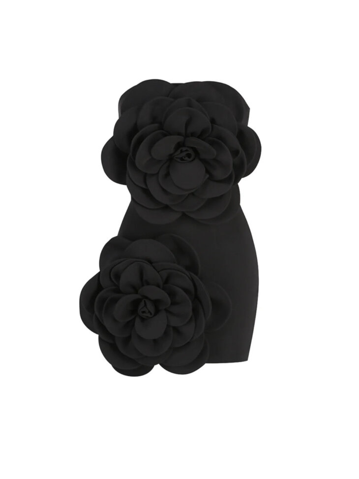 Anwen - Robe courte fleurie sans bretelles en noir – Image 2