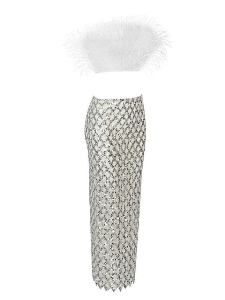 Ansley - Ensemble jupe bustier en plumes en tulle - Blanc – Image 6