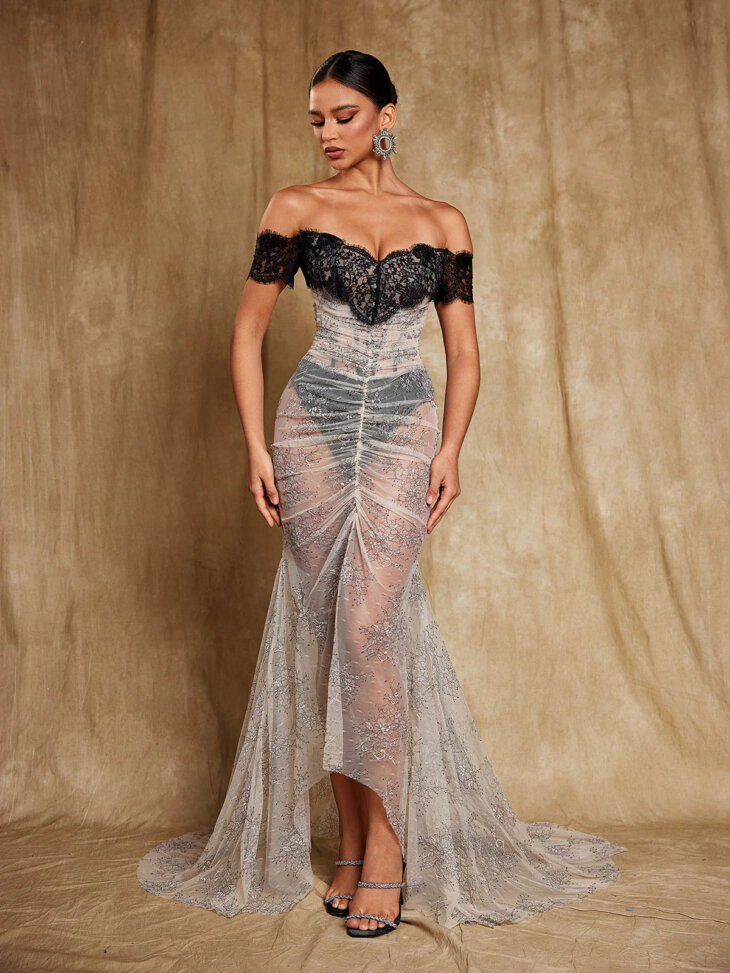 Robe longue en dentelle à épaules dénudées Océane – Image 4