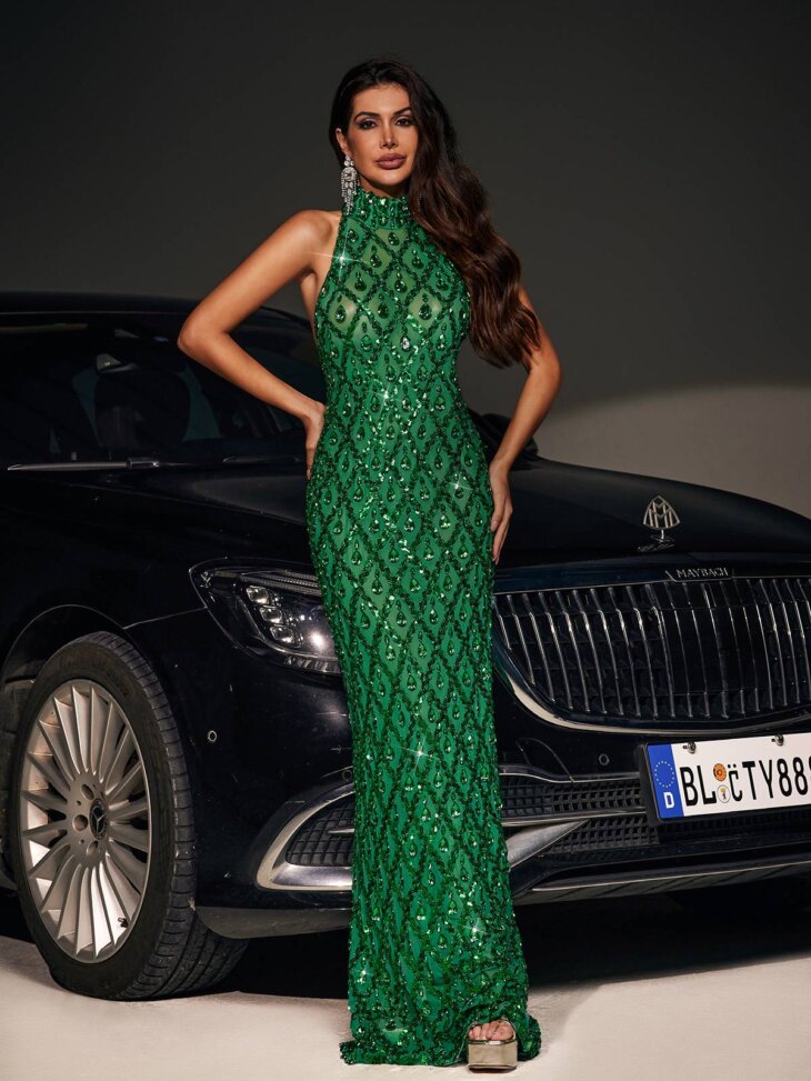 Liora - Robe longue en cristal à sequins - Vert – Image 3