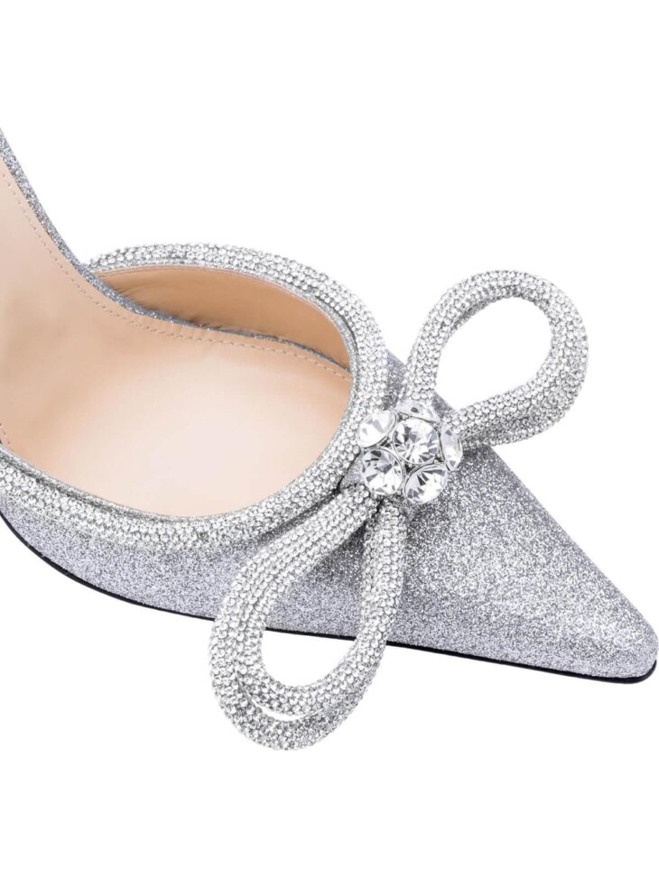 Talons en satin avec cristal et nœud Laila en argent – Image 5