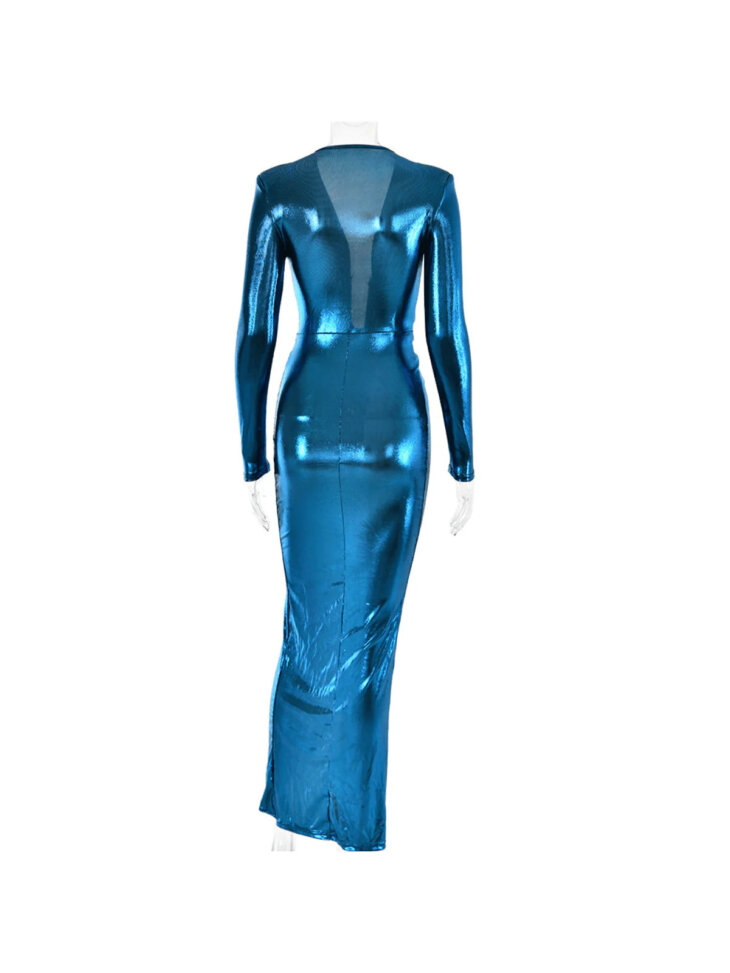 Tressie - Robe métallisée à col en V - Bleu royal – Image 6