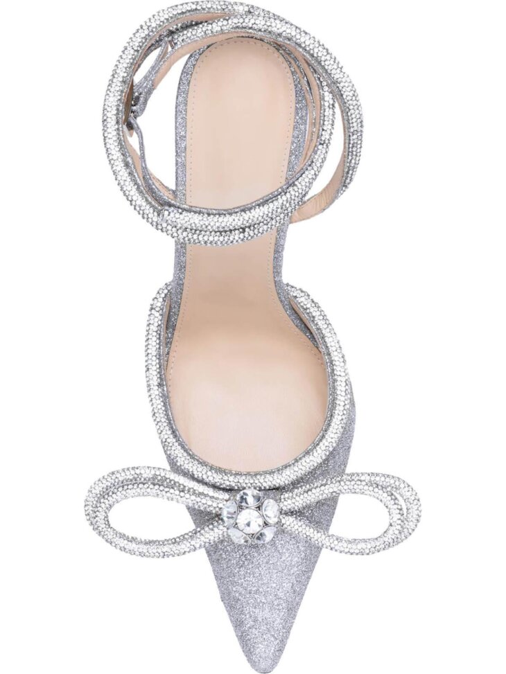 Talons en satin avec cristal et nœud Laila en argent – Image 3