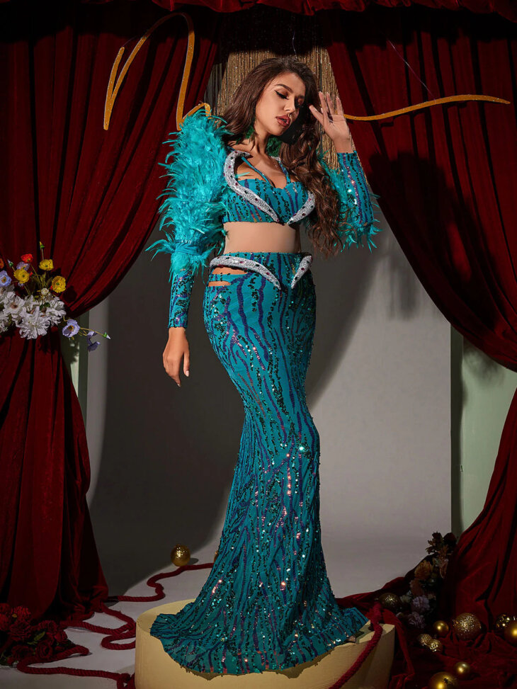 Robe longue plumes strass serpent Jurin – Image 4