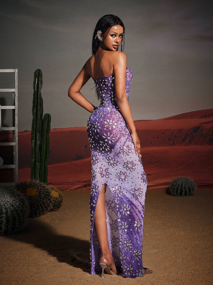 Robe longue sans bretelles à fleurs et strass Jaylen – Image 4