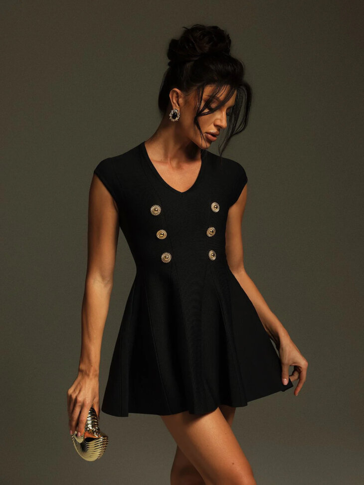Tameron - Robe courte en maille boutonnée à col en V - Noir
