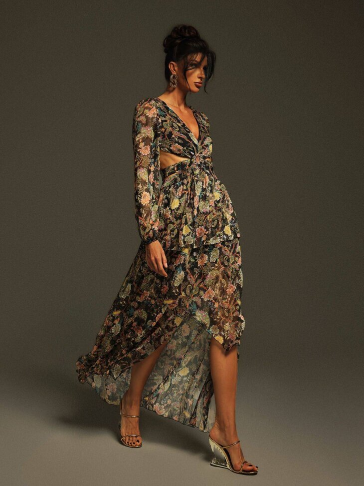 Robe longue imprimée à découpes et col en V Flavio – Image 3