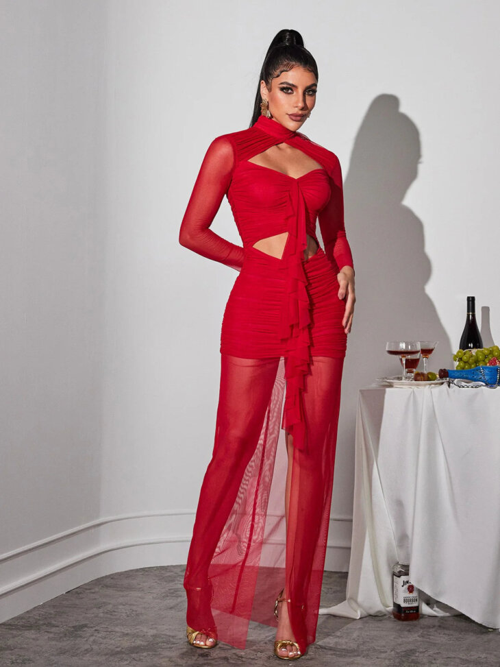 Robe longue en maille découpée Bedelia à manches longues – Image 4