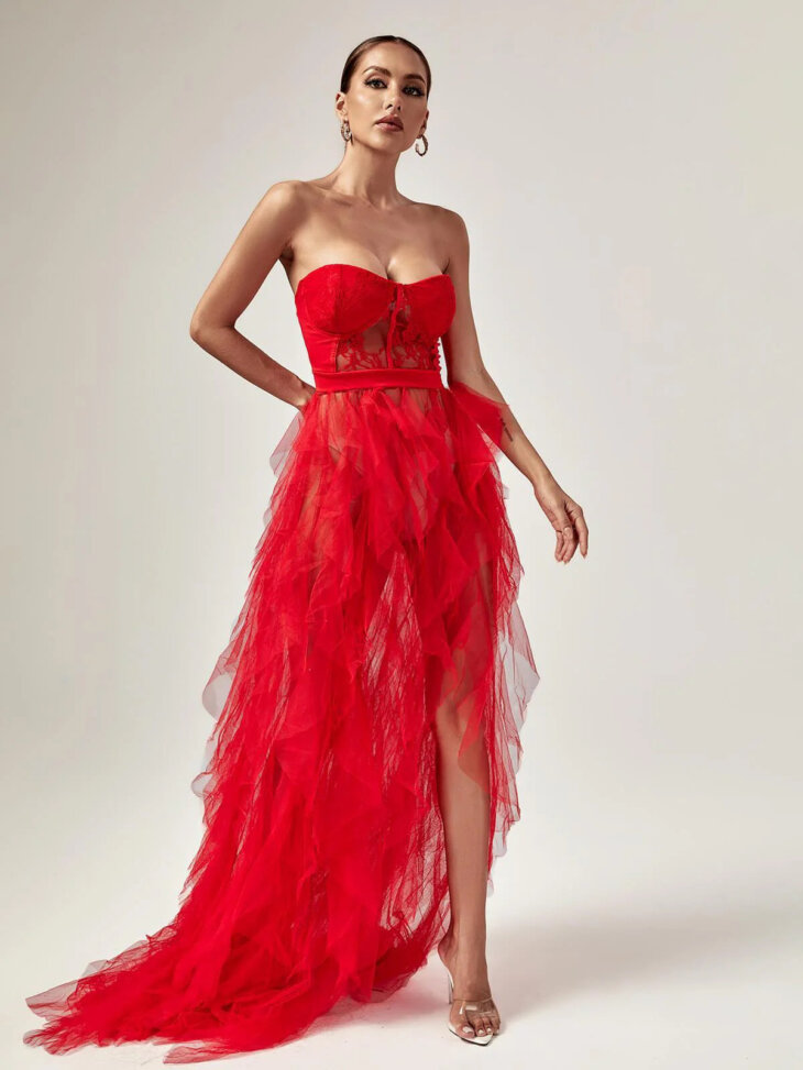 Robe longue en tulle Dorothy en rouge – Image 3
