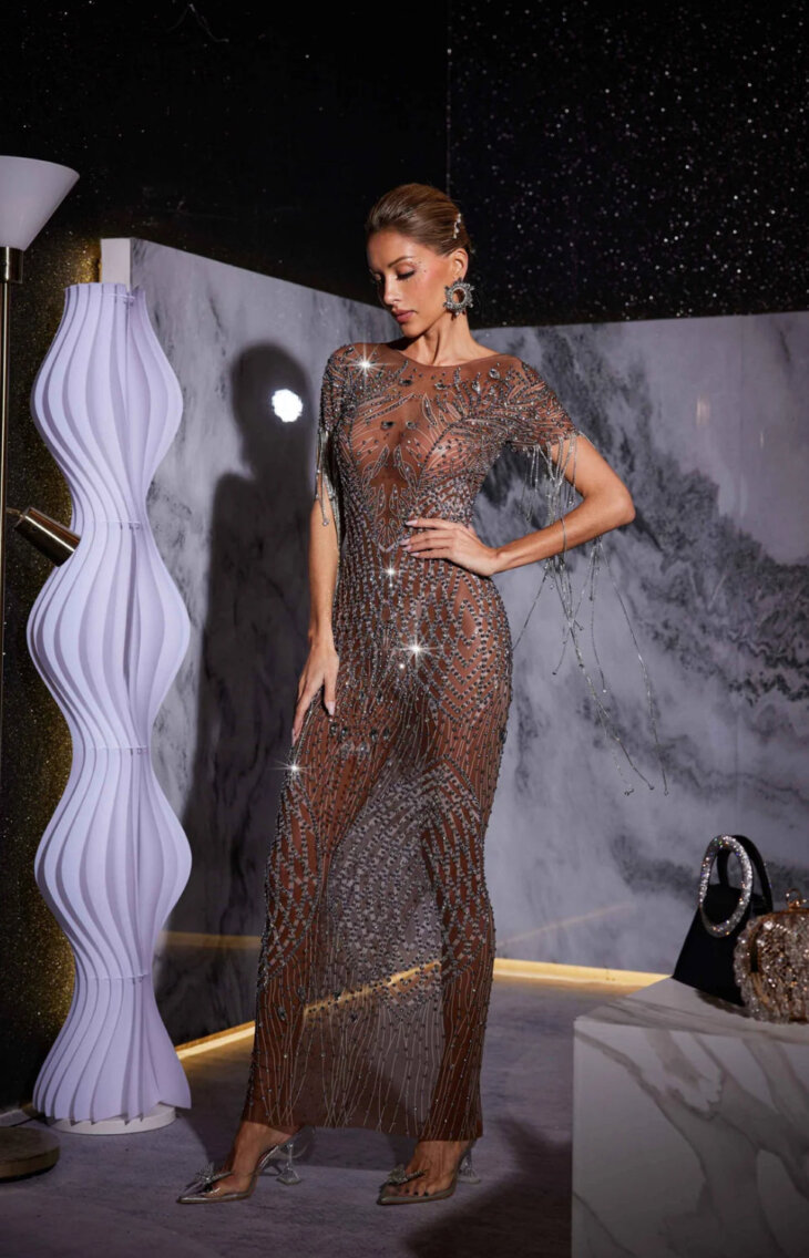 Robe longue en maille imprimée à franges et strass Kason – Image 3