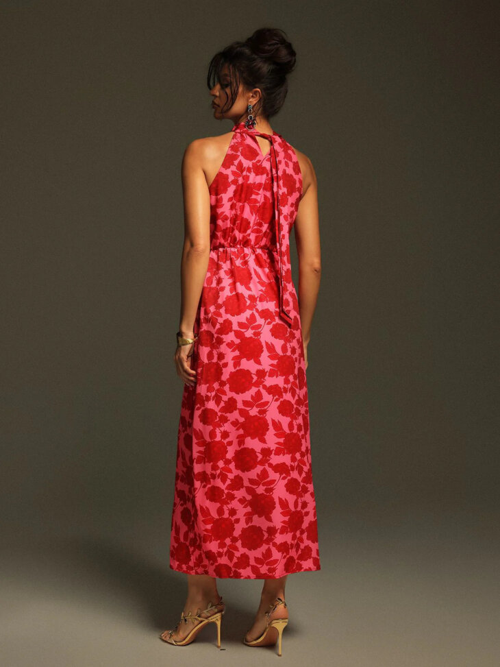 Robe mi-longue à découpes florales et col licou Jacki – Image 2
