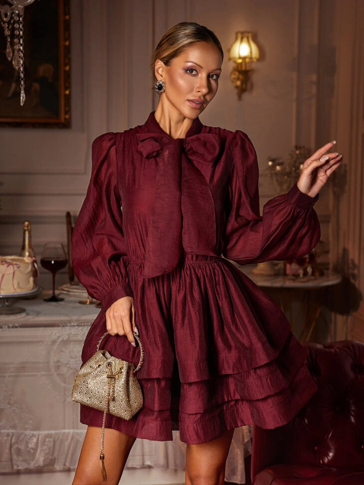 Eairein - Mini-robe à volants et manches longues avec nœud – Image 3