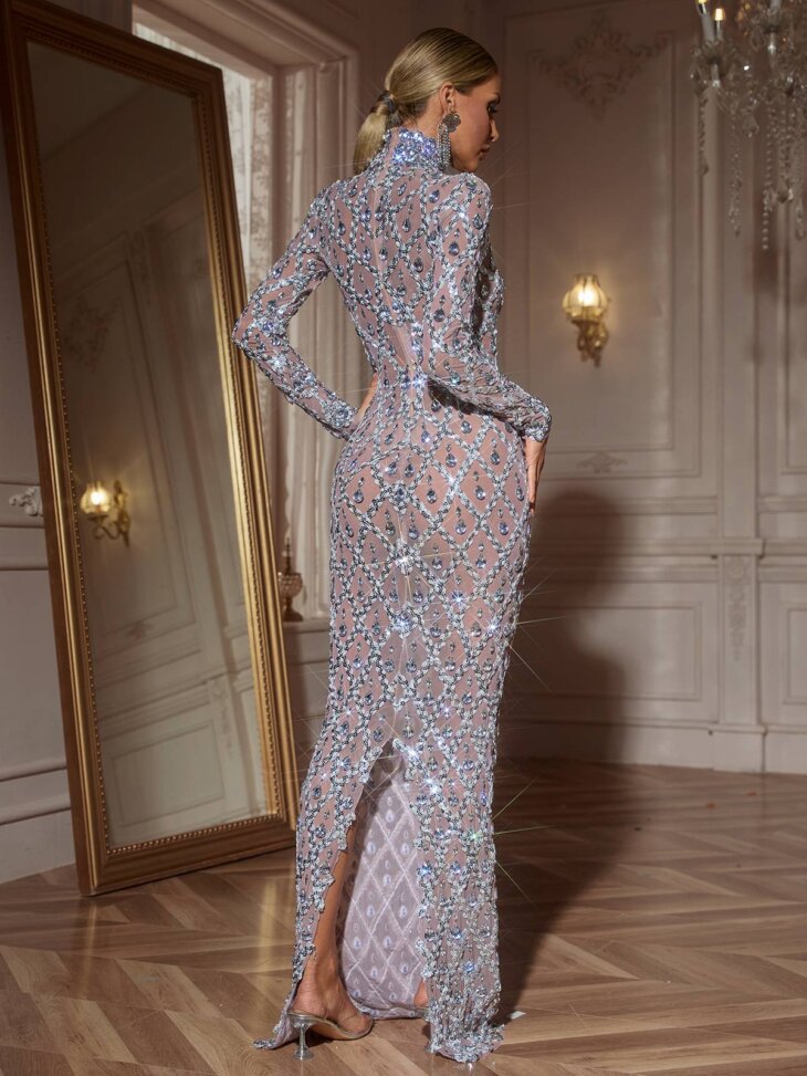 Liora - Robe longue à manches longues et cristaux à sequins - Argenté – Image 2