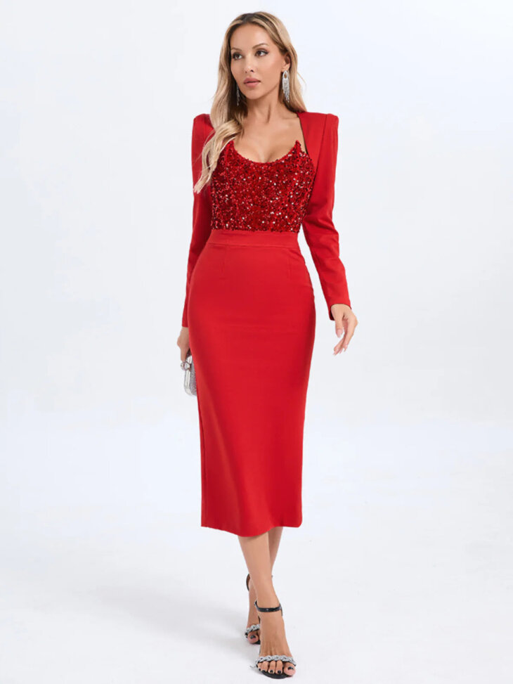 Robe mi-longue à sequins et patchwork à manches longues Sweetie en rouge – Image 3