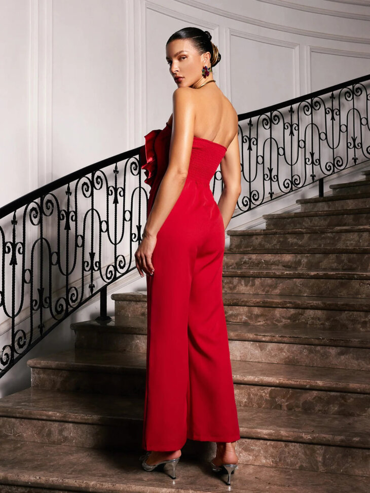 Combinaison fleurie sans bretelles Dunja en rouge – Image 2