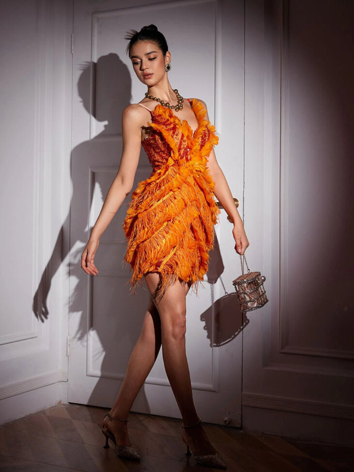 Mini-robe brodée et bordée de plumes Theia