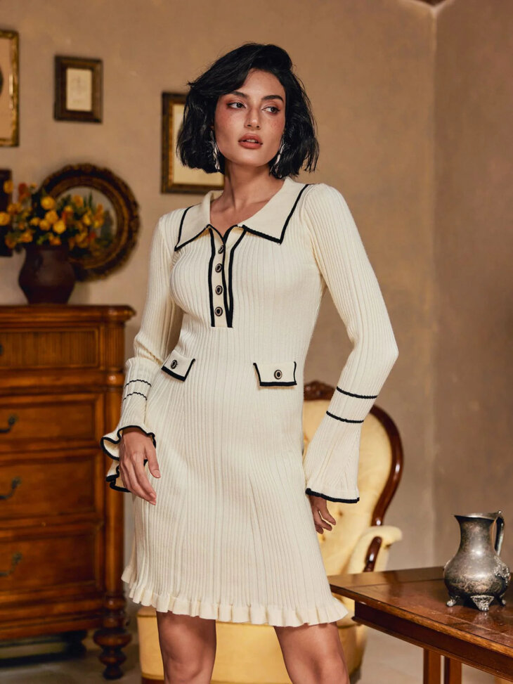 Mini-robe tricotée boutonnée à volants et manches longues Shalita – Image 4