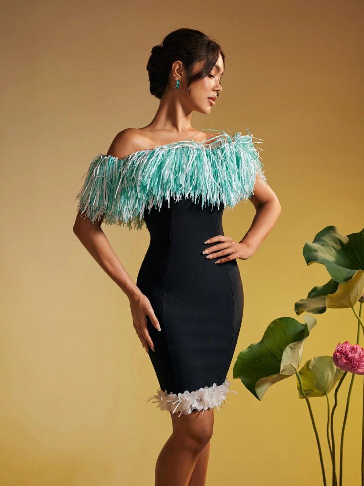 Mini-robe bandage fleurie à franges sans bretelles Koda