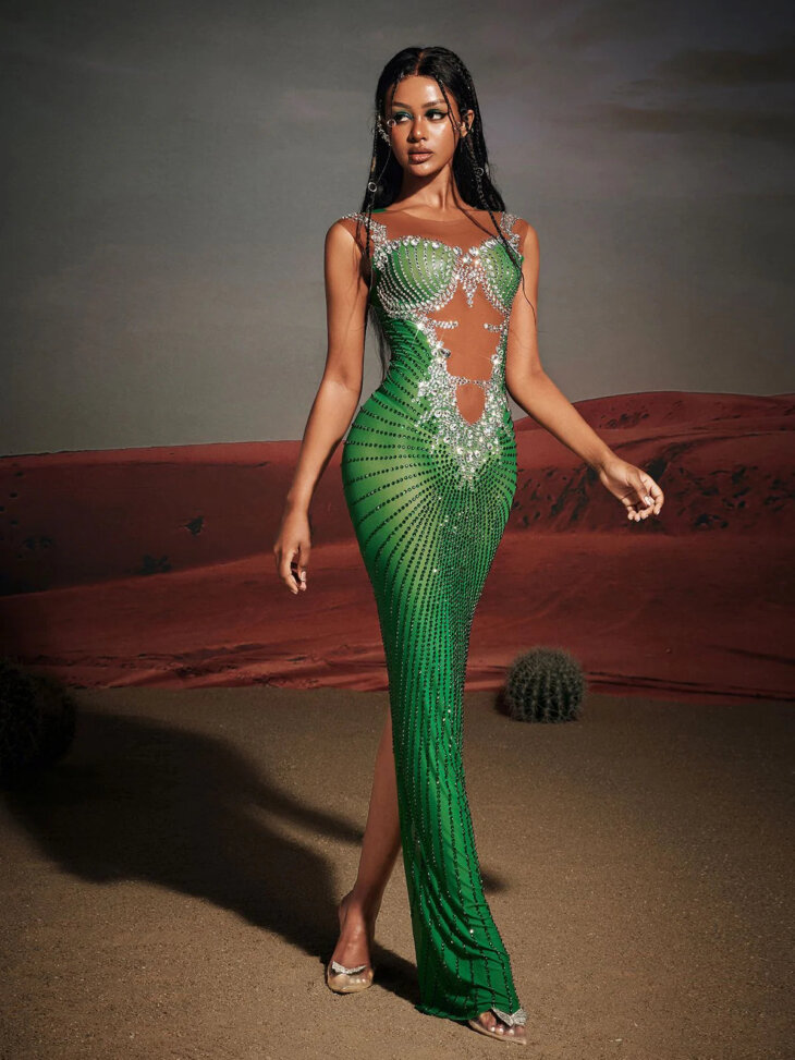 Brody - Robe longue fendue imprimée strass - Vert – Image 2