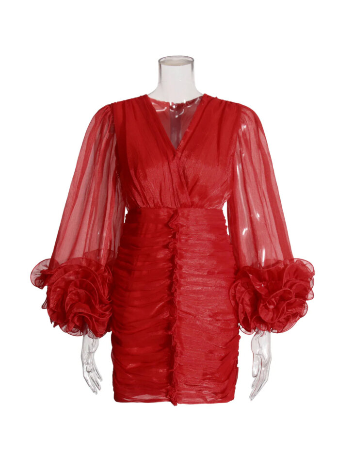 Anneline - Mini-robe froncée à col en V - Rouge – Image 6