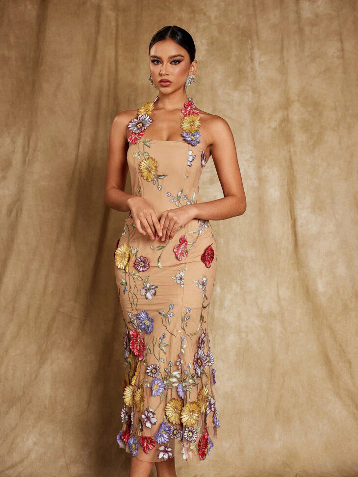 Kohen - Robe midi dos nu brodée de fleurs – Image 5
