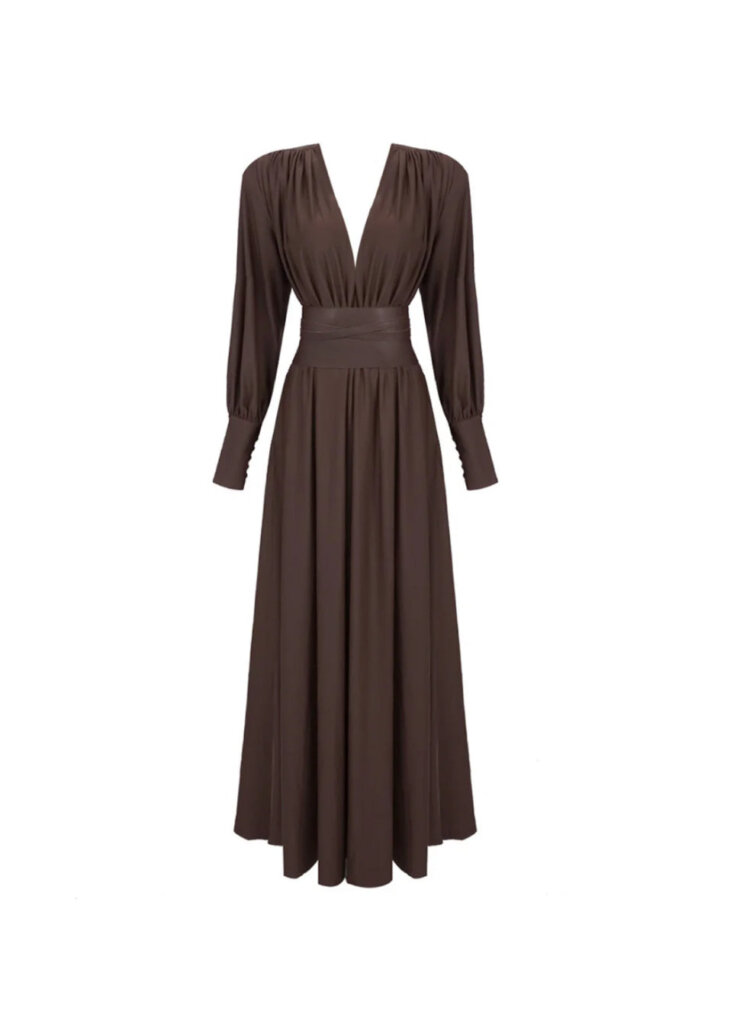 Robe longue ceinturée Cosmo à col en V – Image 4