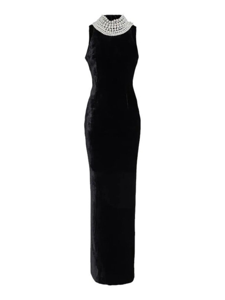 Robe longue à col montant ornée de perles Dustin