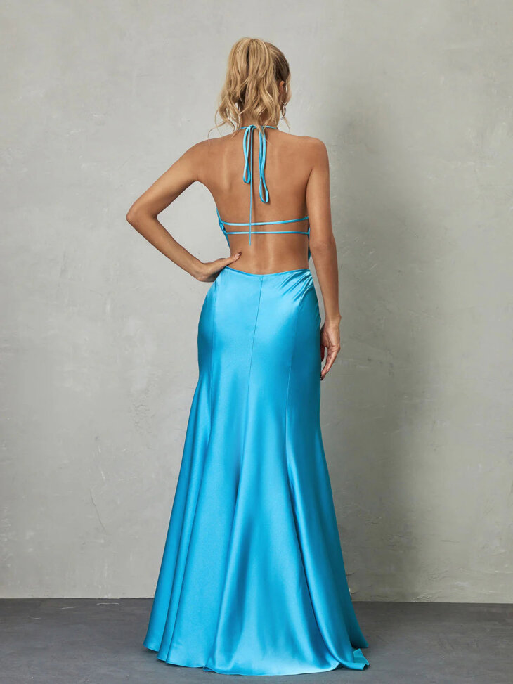 Robe longue en satin à col drapé Dymphna – Image 4