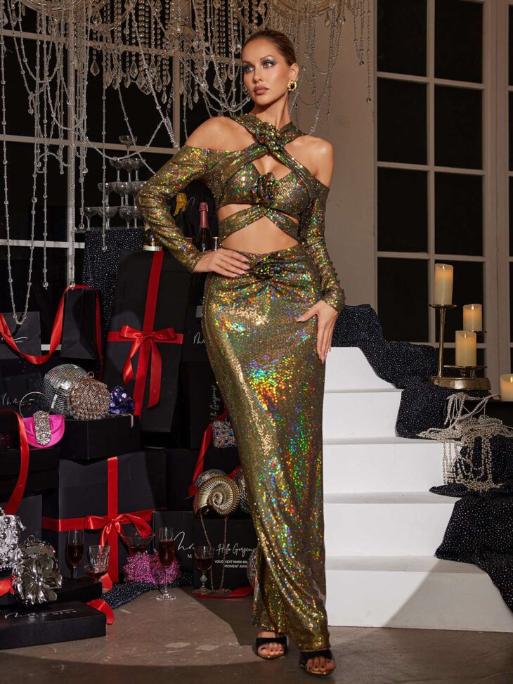 Lowen - Robe longue à sequins et découpes de fleurs - Olive