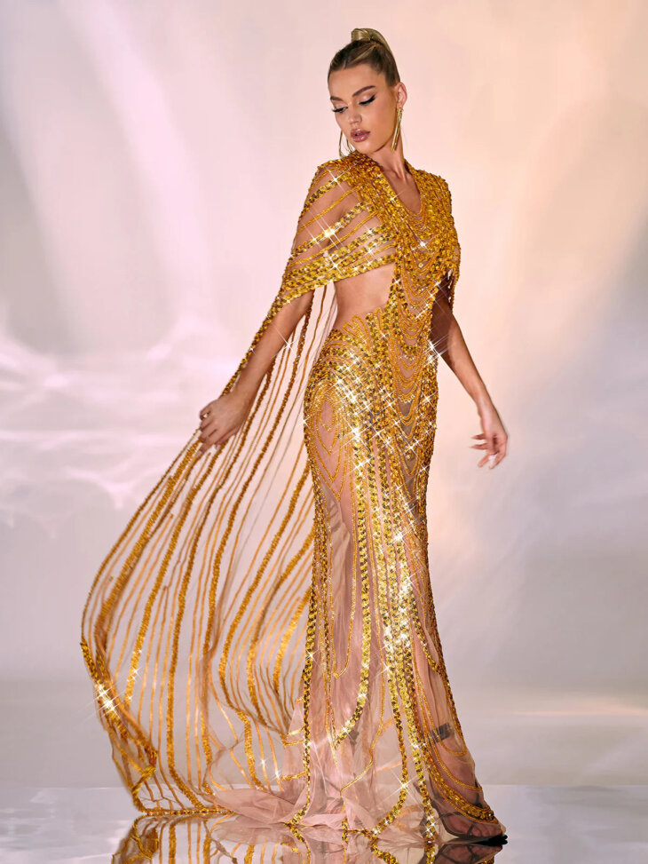 Robe longue en maille cristal et sequins Chana – Image 2