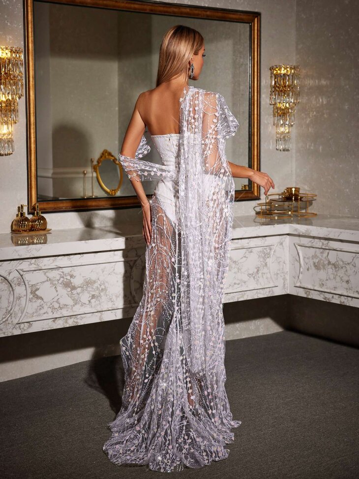 Robe longue fendue à sequins Bailee - Blanc – Image 2
