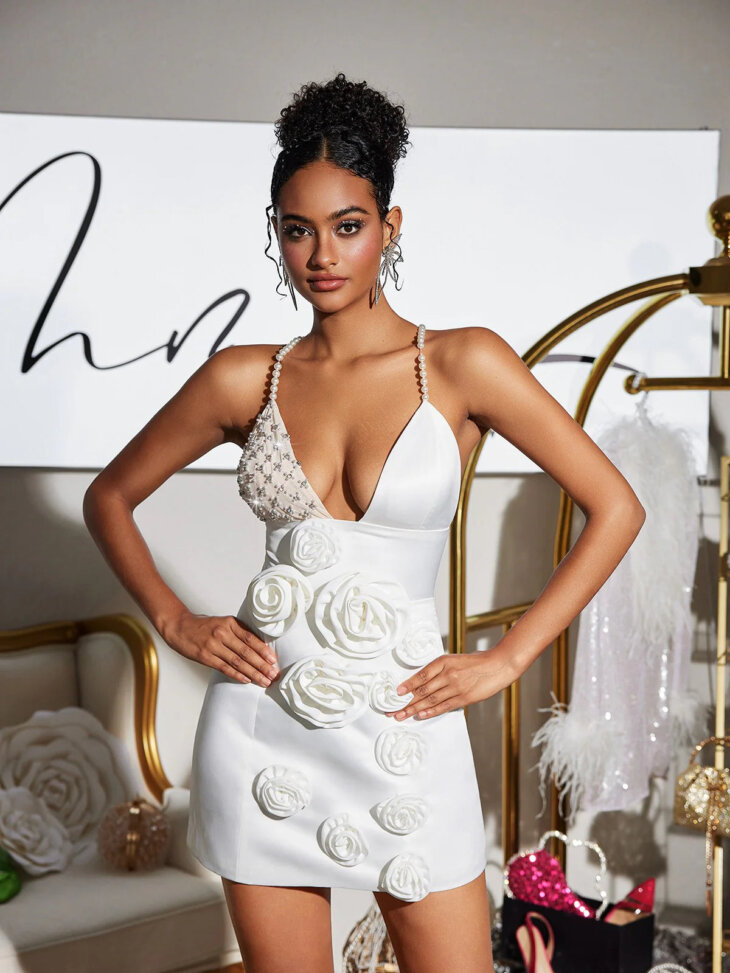 Mateo Pearl - Robe bandage à fleurs et patchwork - Blanc – Image 5