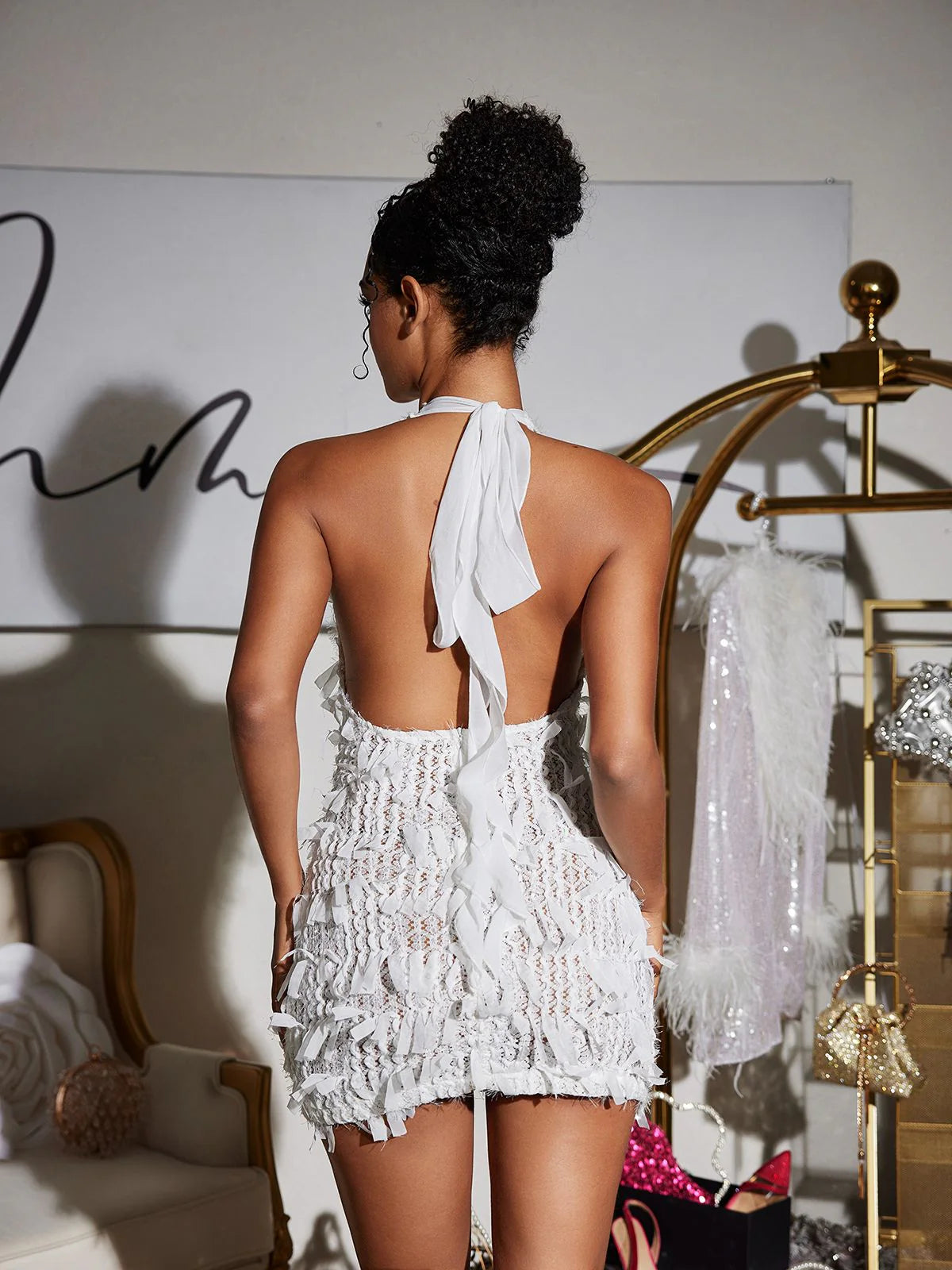 Mini-robe à franges et décolleté plongeant Osanya – Image 2