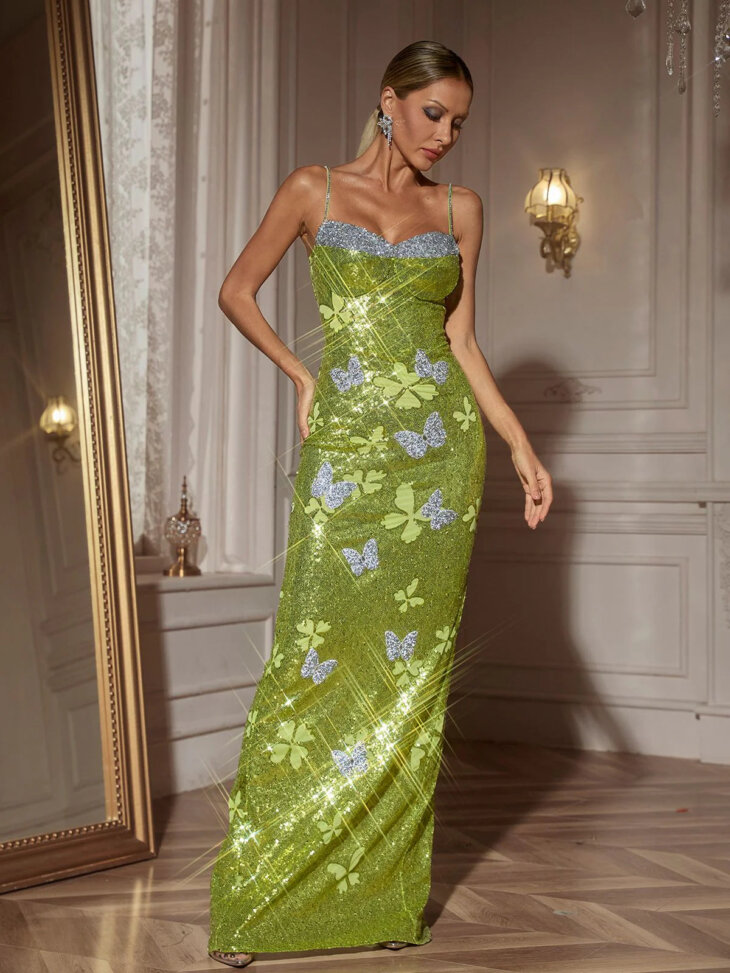 Robe longue à sequins et strass papillon Dayshaun – Image 5