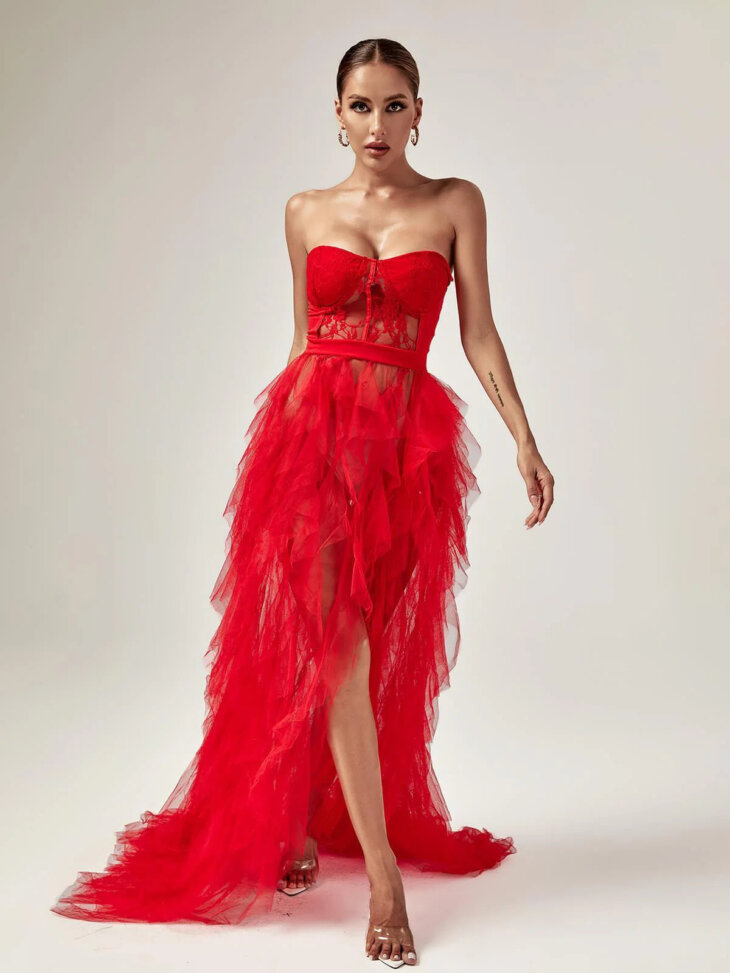 Robe longue en tulle Dorothy en rouge – Image 2