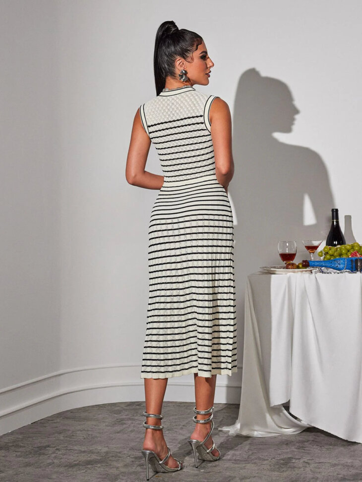 Robe mi-longue en maille rayée à col en V Rayvon – Image 2
