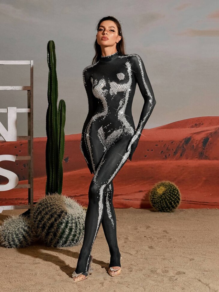 Radek Body - Combinaison avec gants imprimés en strass - Argenté – Image 2
