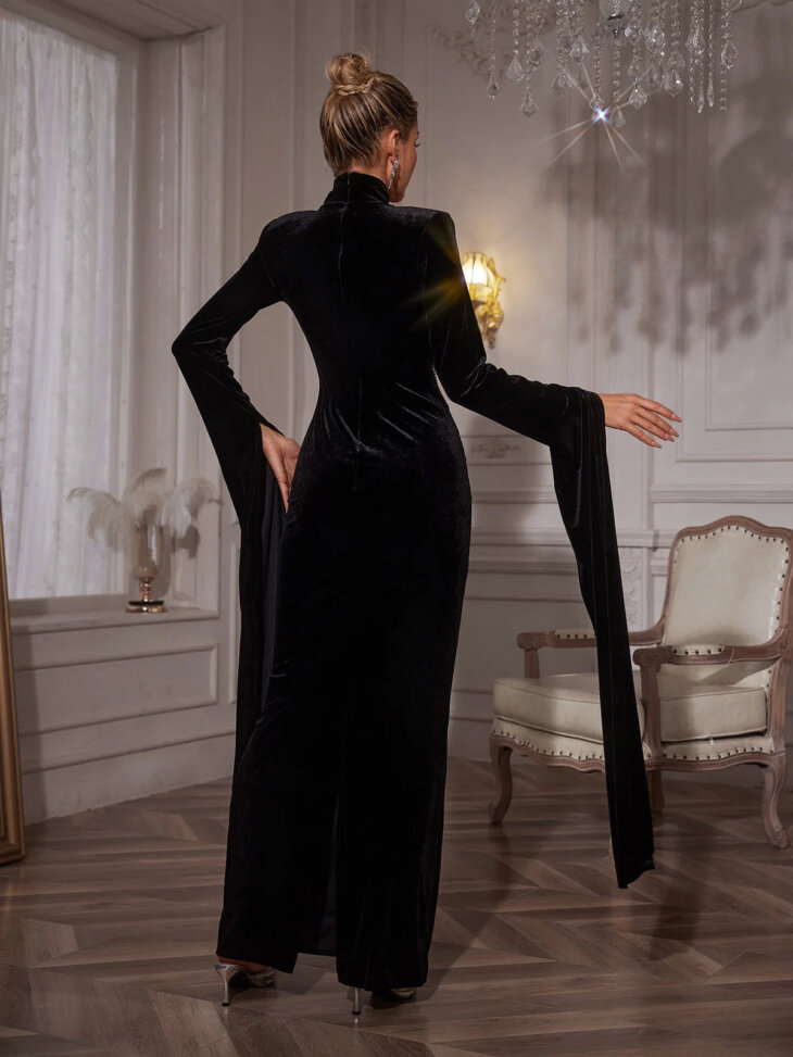 Robe longue en velours avec strass et patchwork Reon – Image 2