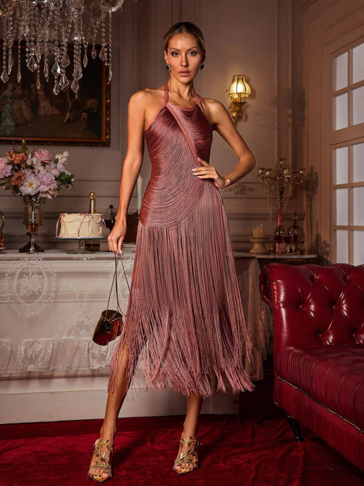 Robe midi dos nu à franges Edaline – Image 3