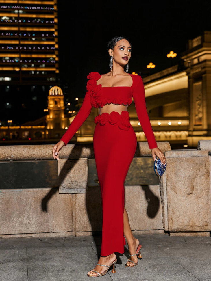 Ensemble jupe bandeau à fleurs Rufus en rouge