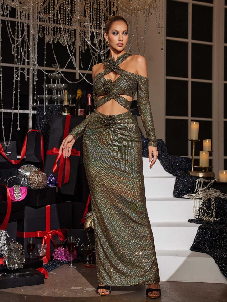 Lowen - Robe longue à sequins et découpes de fleurs - Olive – Image 3