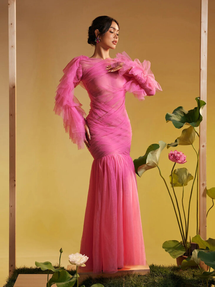 Robe longue en maille froncée à manches longues Lorraine
