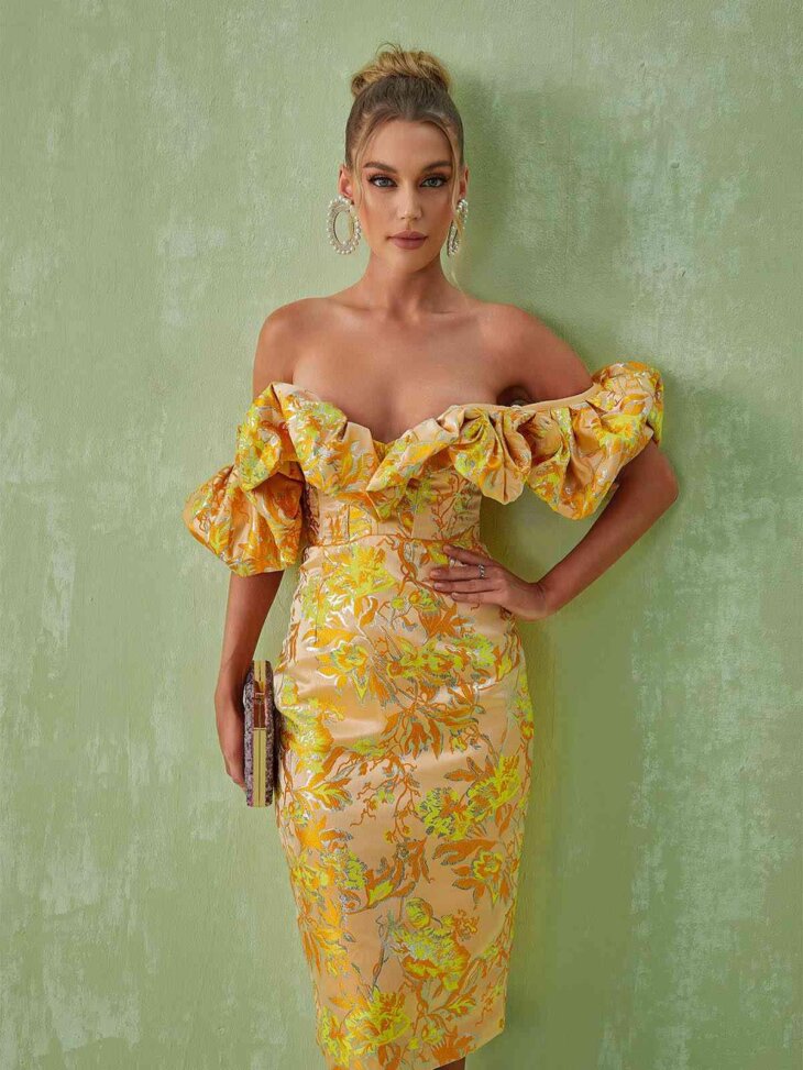 Robe mi-longue en jacquard à épaules dénudées Kore – Image 5