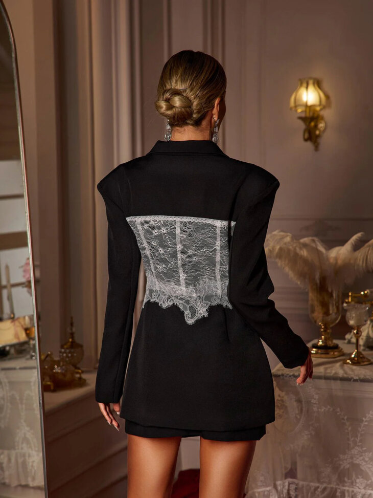 Blazer déstructuré à revers en dentelle noir – Image 2