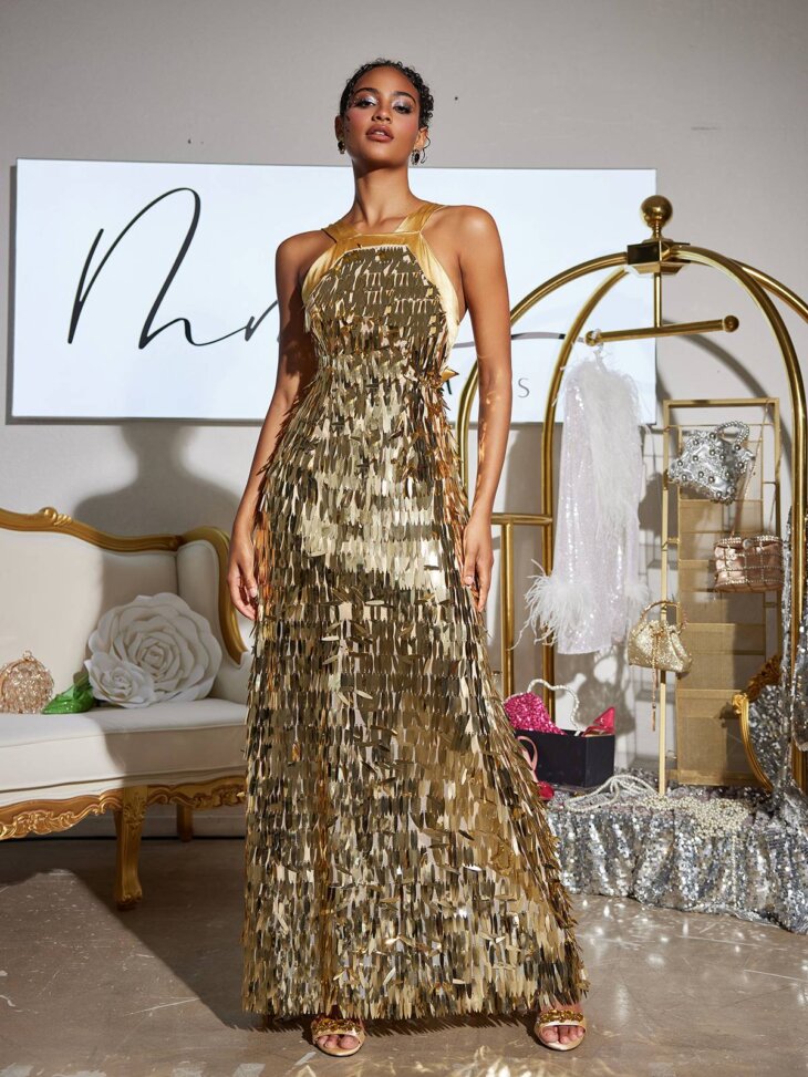 Robe longue à sequins et nœud Leosan – Image 5