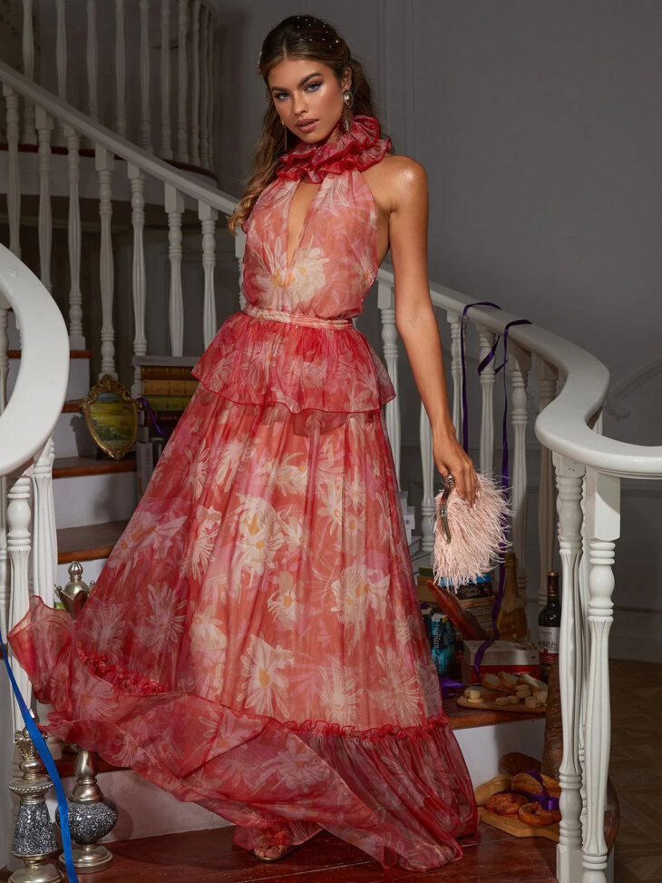 Robe longue fleurie à col licou Pollux – Image 3
