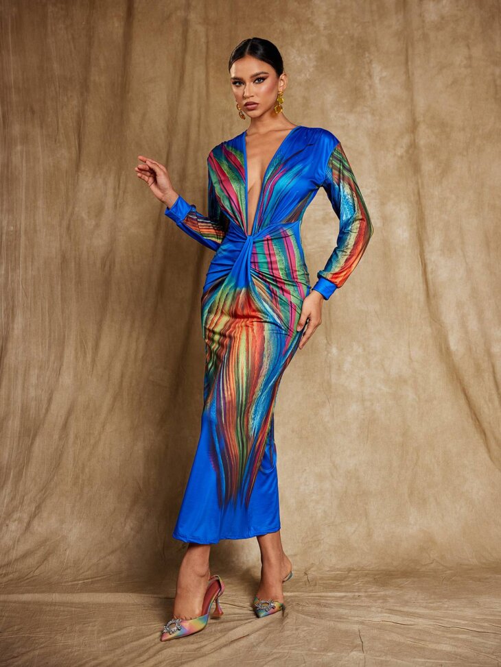 Robe midi en satin imprimé à col en V Suzanne