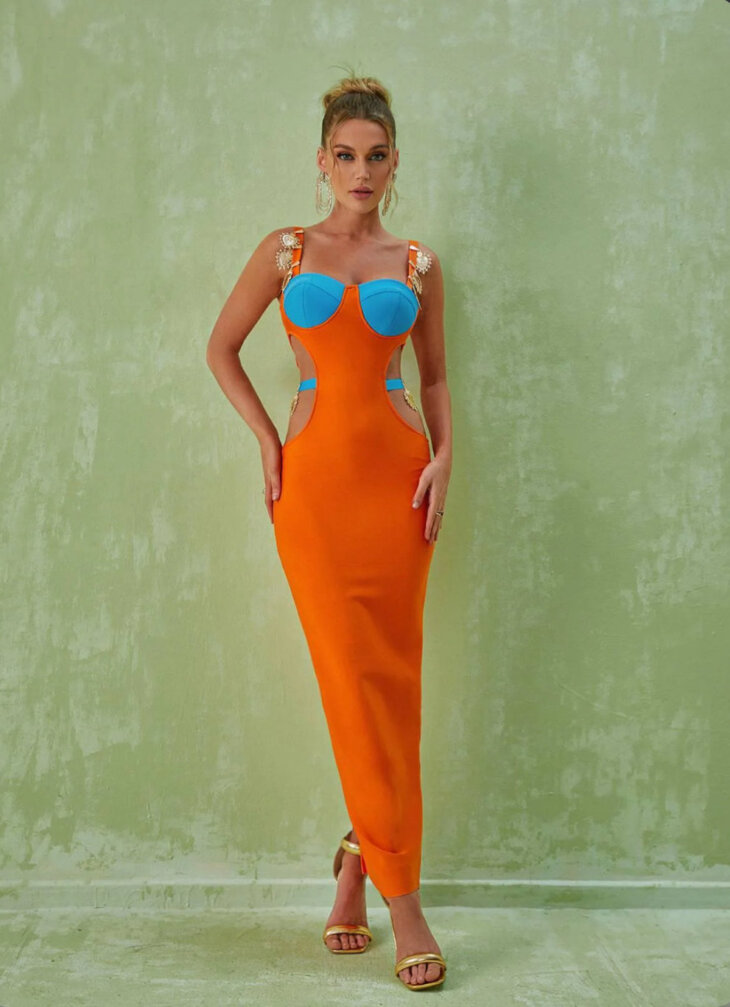 Margaux - Robe longue ornée à découpes - Orange – Image 2