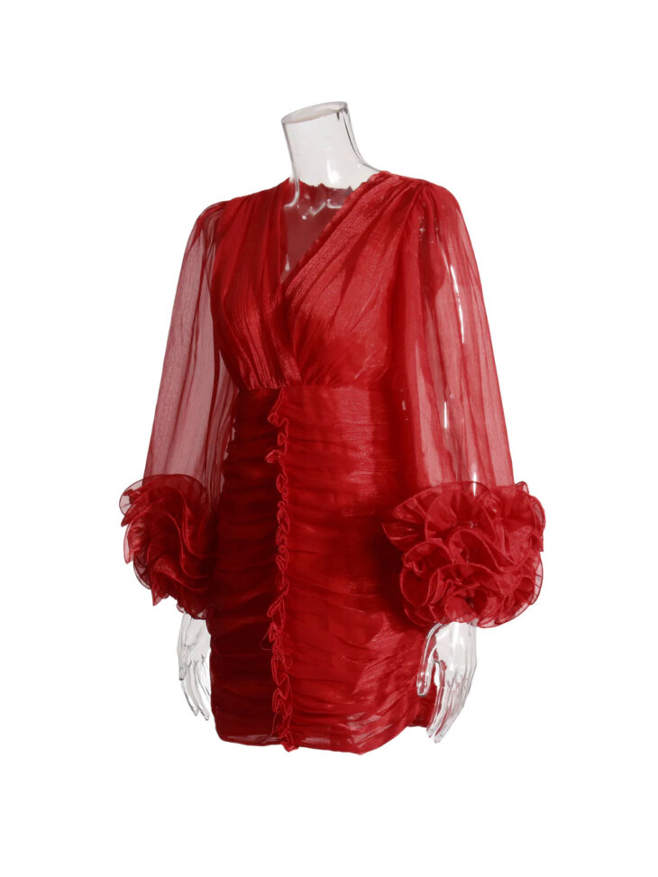 Anneline - Mini-robe froncée à col en V - Rouge – Image 7