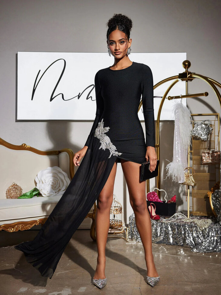 Robe bandage en cristal à manches longues Duald